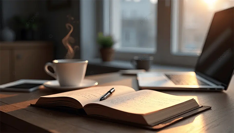 A notebook filled with handwritten reflections beside a laptop and phone, suggesting a personal "Story Bank" taking shape.
