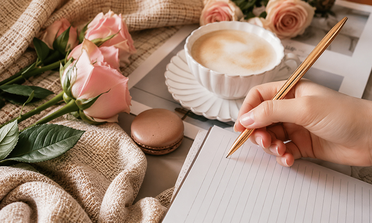 A clean flat-lay of a notebook, pen, and coffee,