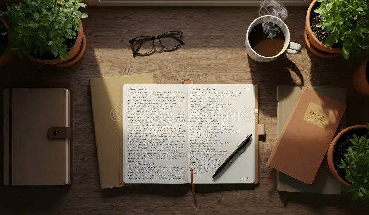 Calm workspace with open notebook representing expanding capacity, emotional resilience, and leadership growth